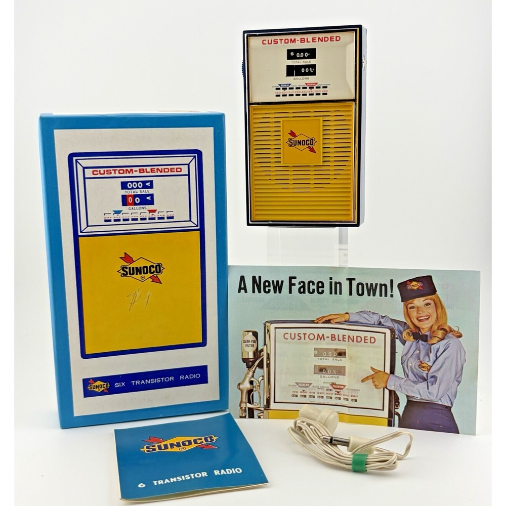 Sunoco Gas Pump Vintage Transistor AM Radio WORKS Box Manuals Earphone Ad